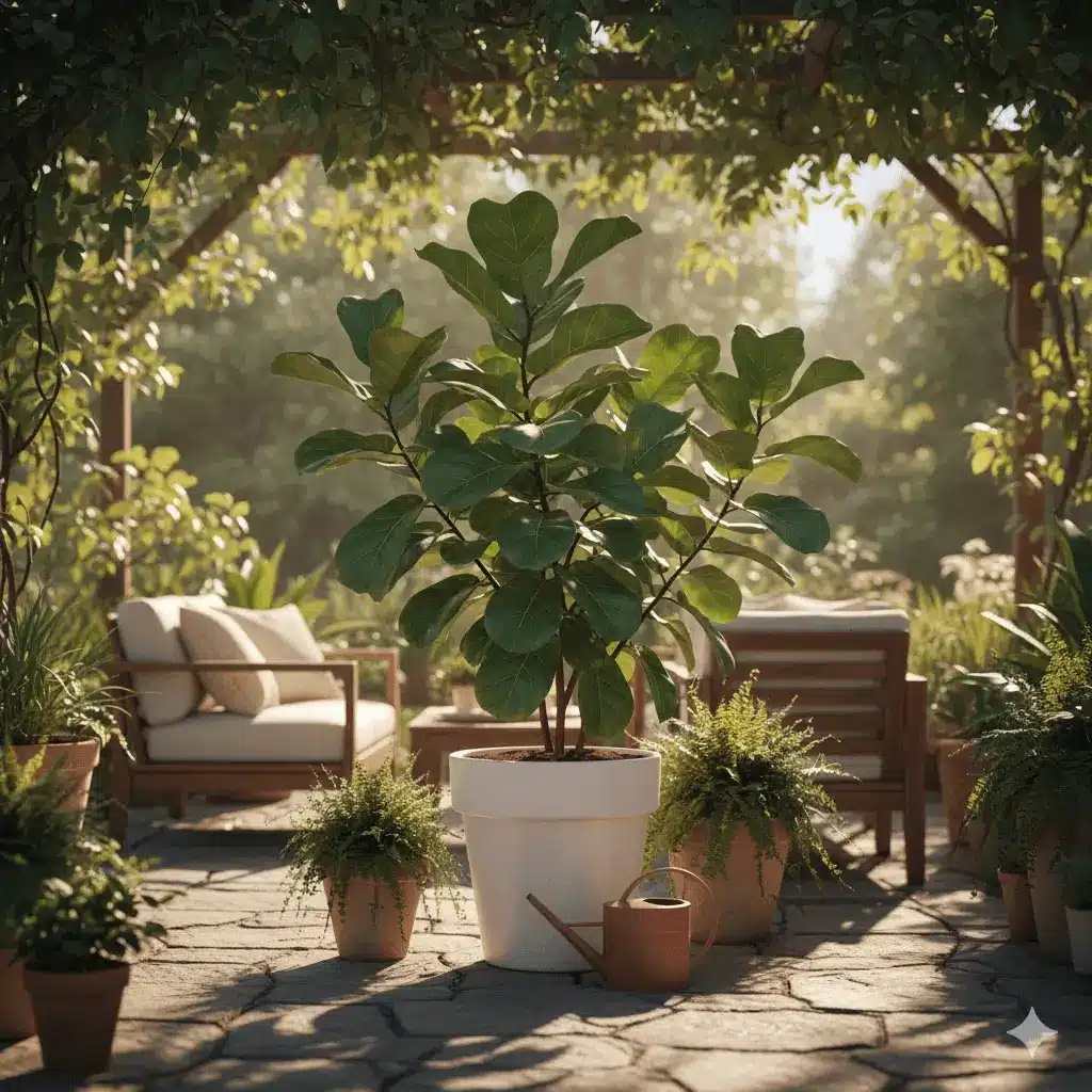 A healthy fiddle leaf fig plant placed outdoors on a shaded patio, surrounded by other potted plants, with dappled sunlight filtering through overhead trees, indicating a gentle transition to an outdoor environment.