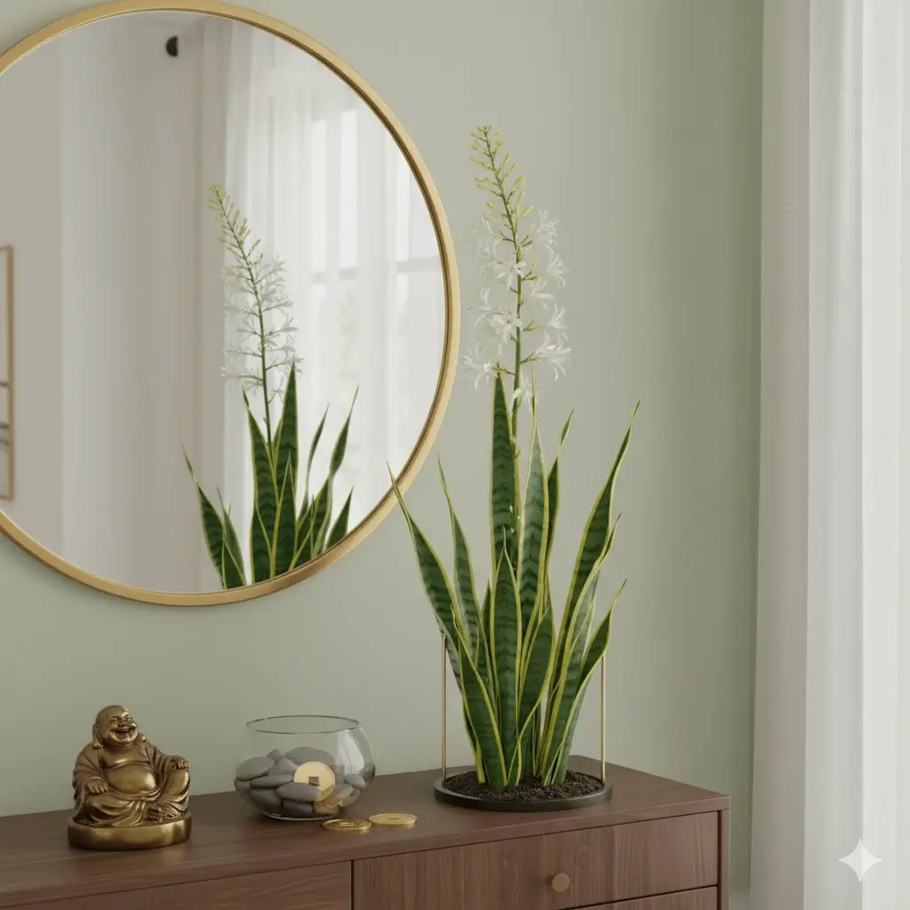 A thriving flowering snake plant (Sansevieria trifasciata) in a modern pot, placed on a wooden console table next to a round gold-framed mirror and a Laughing Buddha statue, symbolizing good Feng Shui for a harmonious home environment.