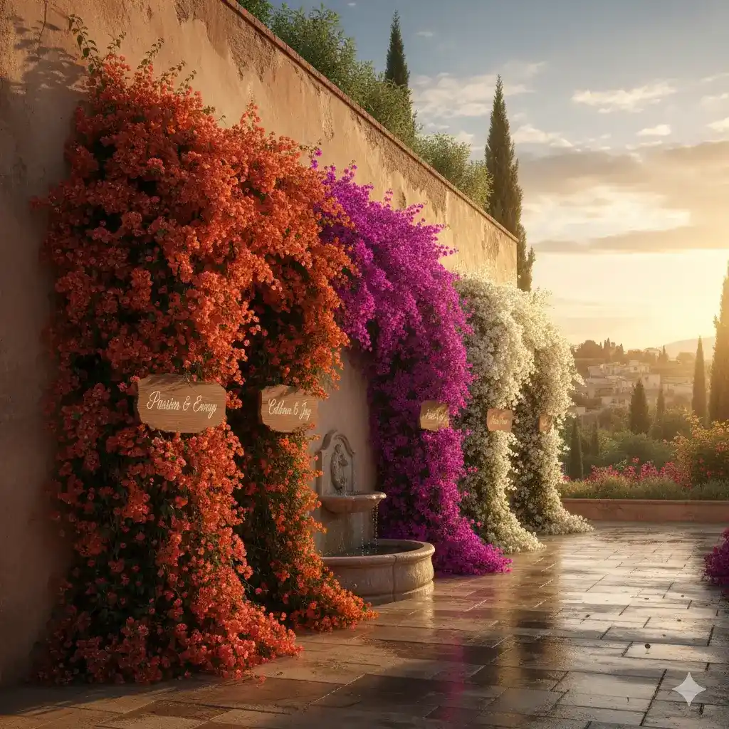 A vibrant display of bougainvillea flowers in various colors—magenta, purple, orange, and white—cascading over a wall, bathed in warm sunlight.