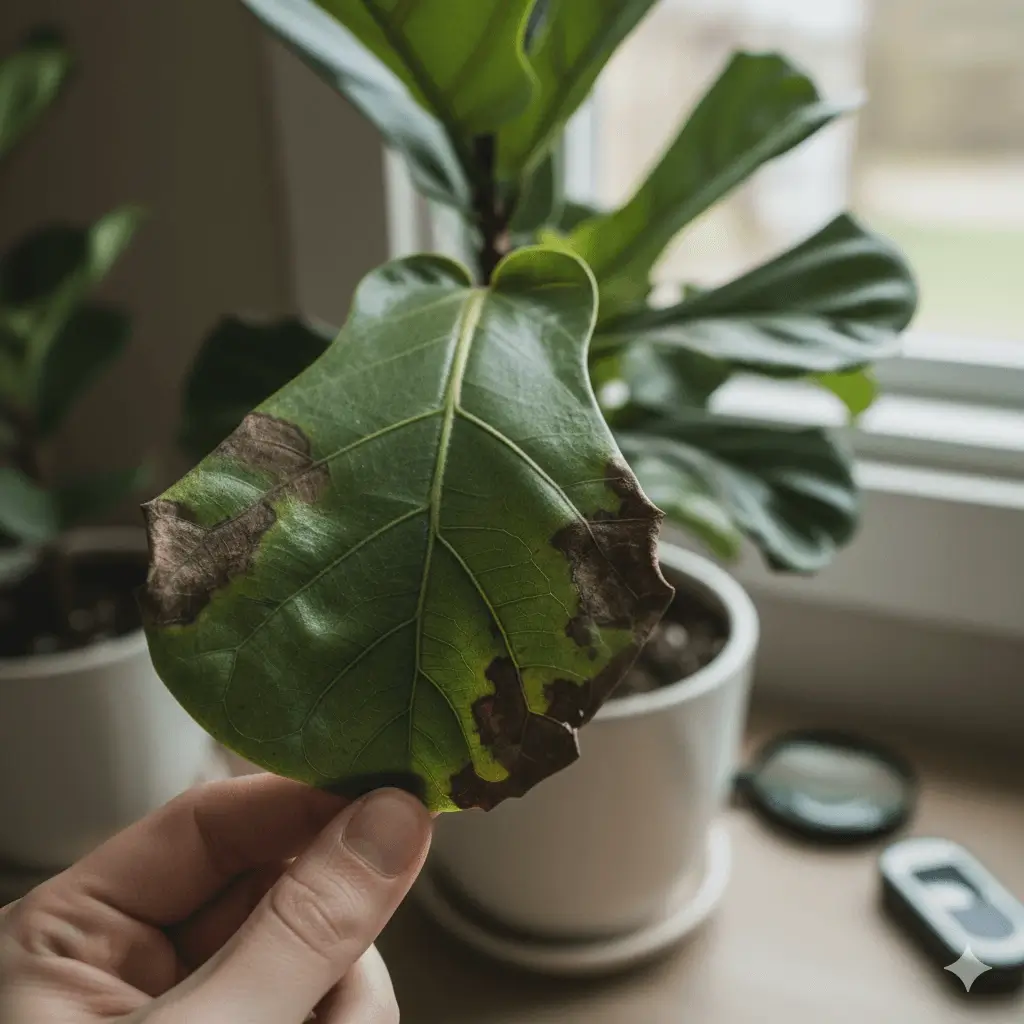 Close-up of a fiddle leaf fig leaf exhibiting brown spots and edges, held gently by a hand, against a blurred background of a slightly stressed plant, symbolizing the diagnostic process.