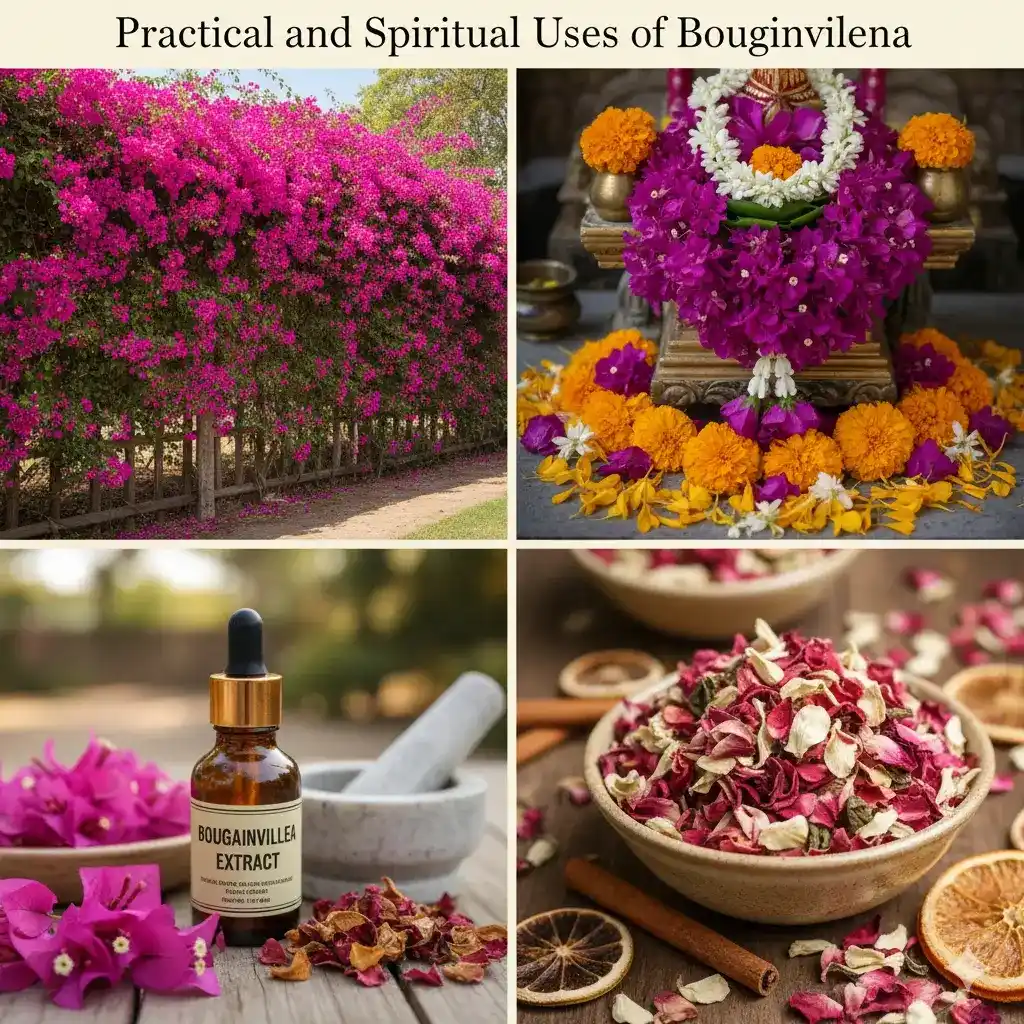 A multi-panel image displaying bougainvillea in practical and spiritual contexts: a garden trellis, a traditional floral arrangement for a ceremony, a medicinal extract, and a dried specimen in a potpourri.