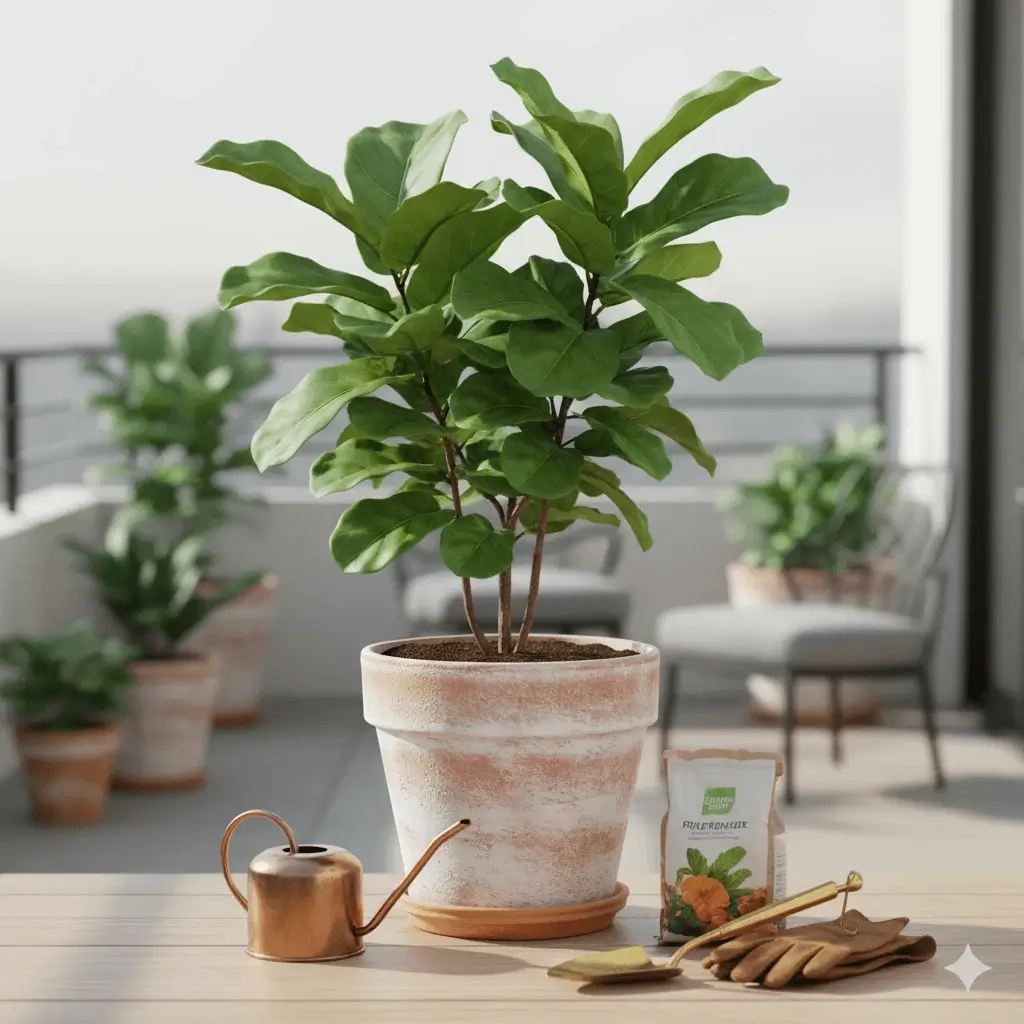 A healthy fiddle leaf fig plant in a decorative pot, placed on a clean surface with gardening tools like a small shovel and gloves nearby, emphasizing proper container care.