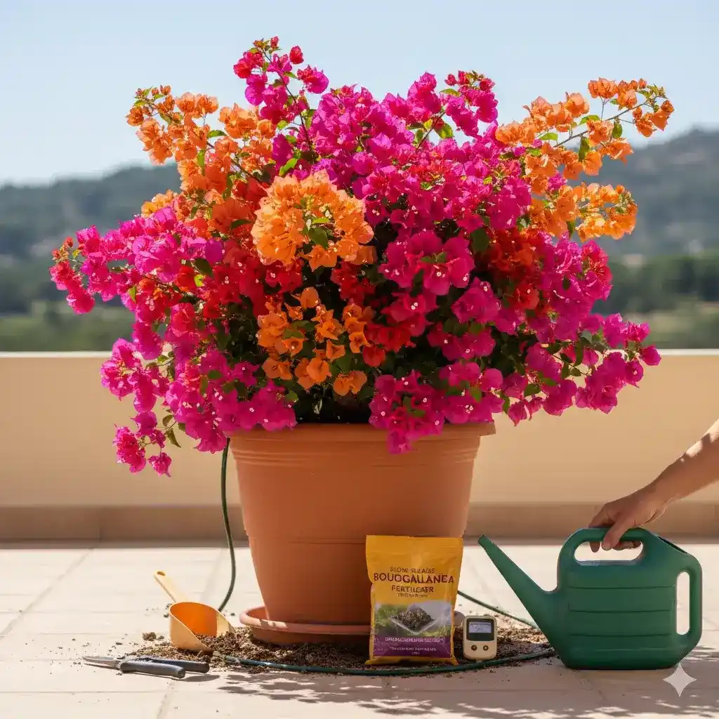 A vibrant bougainvillea plant with intensely colored bracts, with gardening tools like pruning shears, fertilizer, and a watering can arranged around its base, indicating proper care.