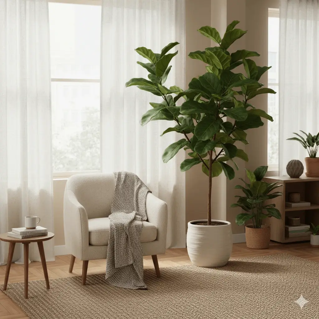 A thriving fiddle leaf fig plant positioned in a cozy, brightly lit living room, demonstrating ideal indoor conditions with soft natural light filtering through a sheer curtain, and other complementary decor.
