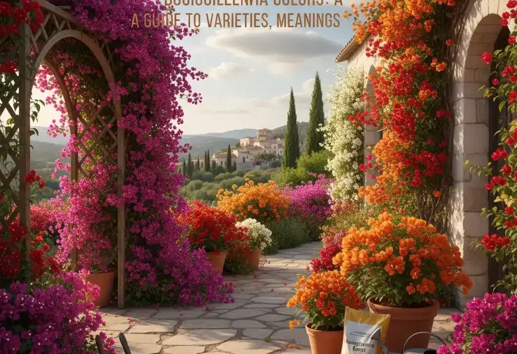 A wide landscape shot featuring a diverse collection of bougainvillea plants in various vibrant colors (pink, purple, orange, red, white) cascading over different structures, with gardening tools and a small informational plaque about care visible in the foreground.