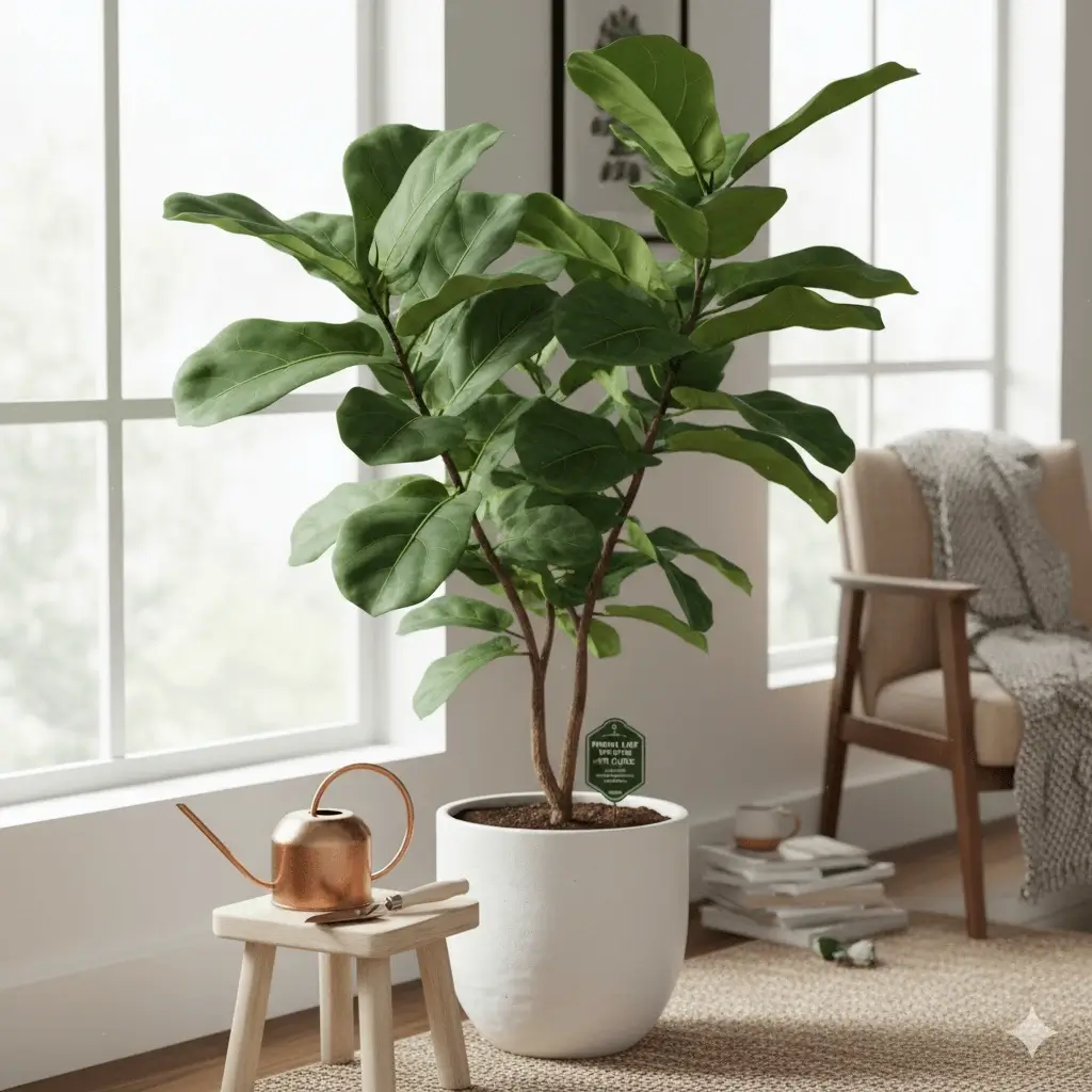 A vibrant, healthy fiddle leaf fig plant with large, glossy green leaves, positioned in a well-lit indoor space next to a window, with watering can and plant care tools nearby.