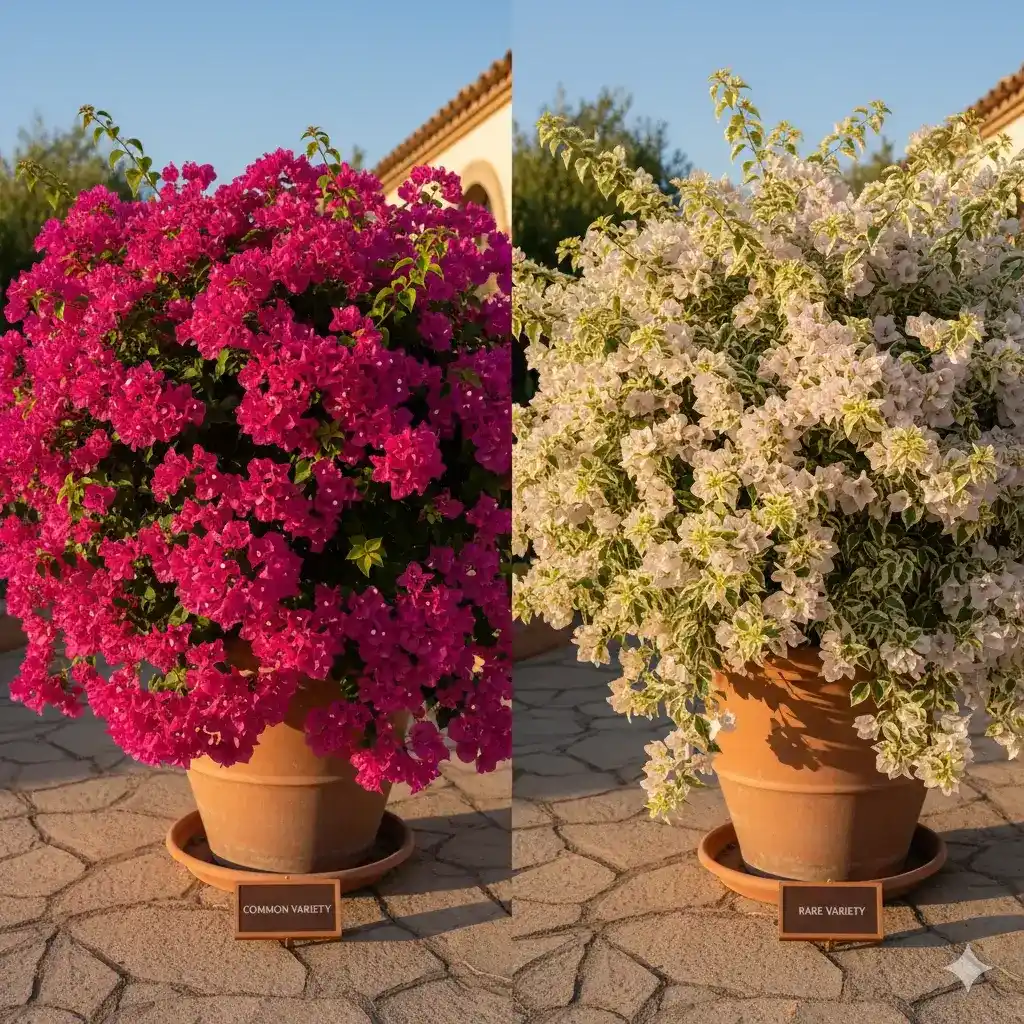 A side-by-side comparison of a common magenta bougainvillea and a rare variegated bougainvillea with white and pink bracts, both in full bloom.