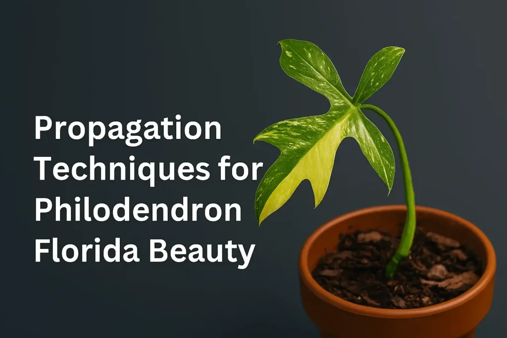 Landscape image of a Philodendron Florida Beauty cutting in a terracotta pot, showcasing its variegated green and cream leaf, with overlaid title text “Propagation Techniques for Philodendron Florida Beauty” on a dark gray background.