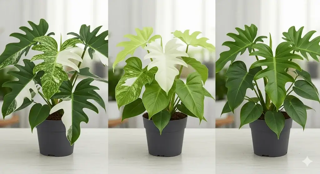 A side-by-side comparison of three Philodendron plants: a Philodendron Florida Beauty with creamy white and green variegated leaves, a Philodendron Florida Ghost with pale, almost white leaves, and a Philodendron Florida Green with solid dark green leaves.
