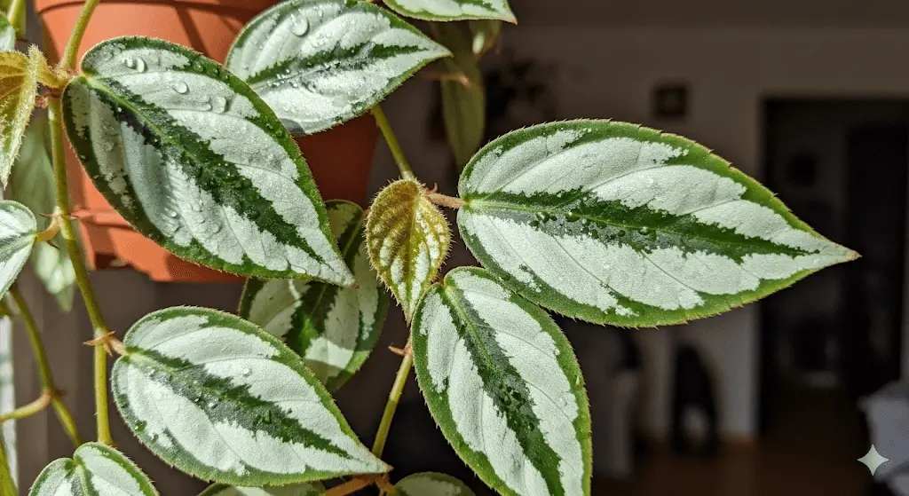 A close-up of a Pellionia Repens, or Trailing Watermelon Begonia, plant showing its unique leaves with a central silver stripe and dark green veins, trailing from a pot.