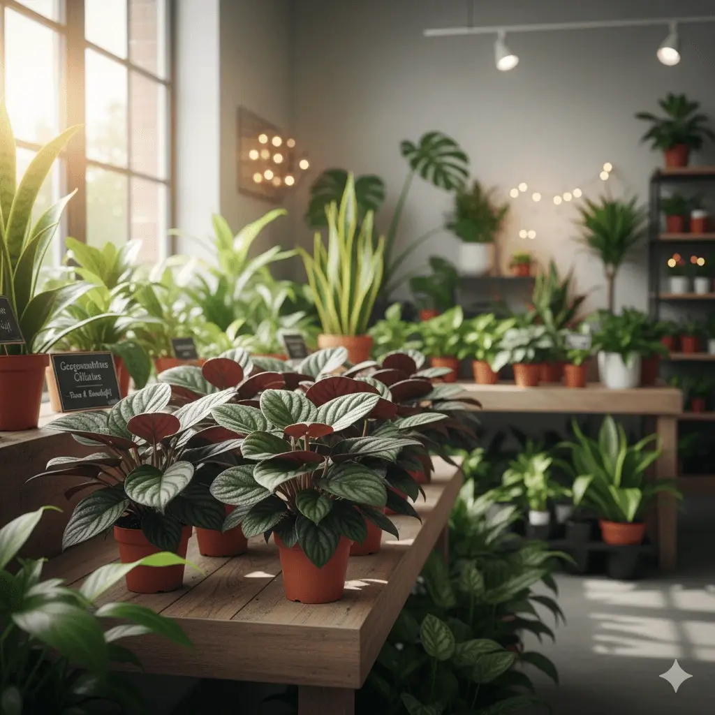 A display of Geogenanthus Ciliatus plants for sale in a well-lit nursery or plant shop, with other houseplants visible.