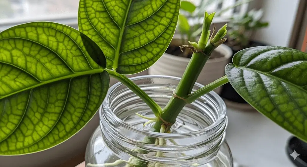  A close-up of a Pellionia repens stem cutting in a glass of water, showing its new root growth during propagation.