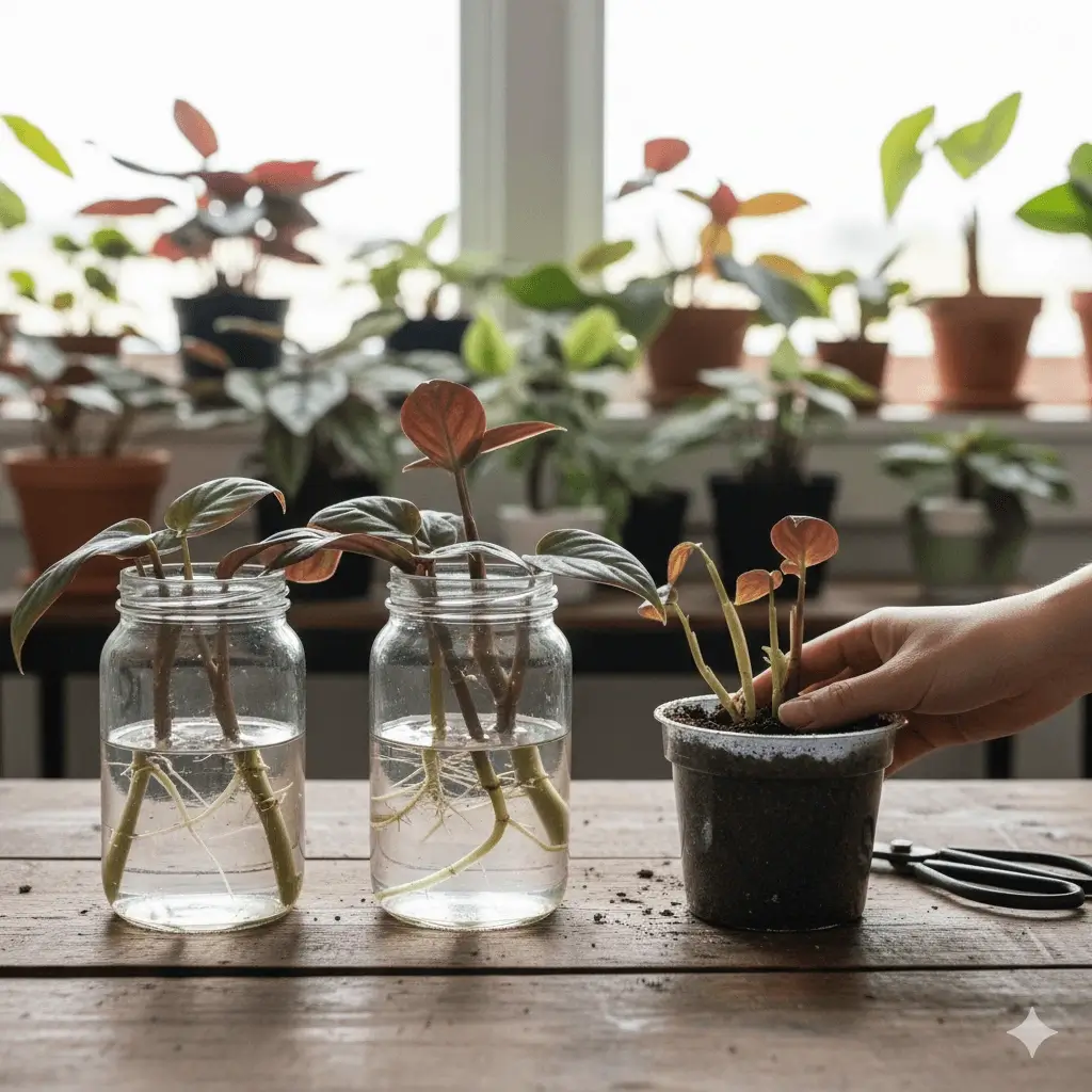 Close-up of Geogenanthus Ciliatus stem cuttings rooting in water and soil, demonstrating propagation methods.