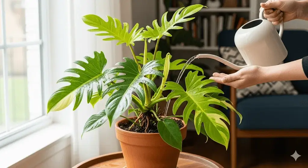 A Philodendron Florida Beauty plant being watered, its variegated leaves shining in the sunlight, with a focus on the healthy foliage and proper care.