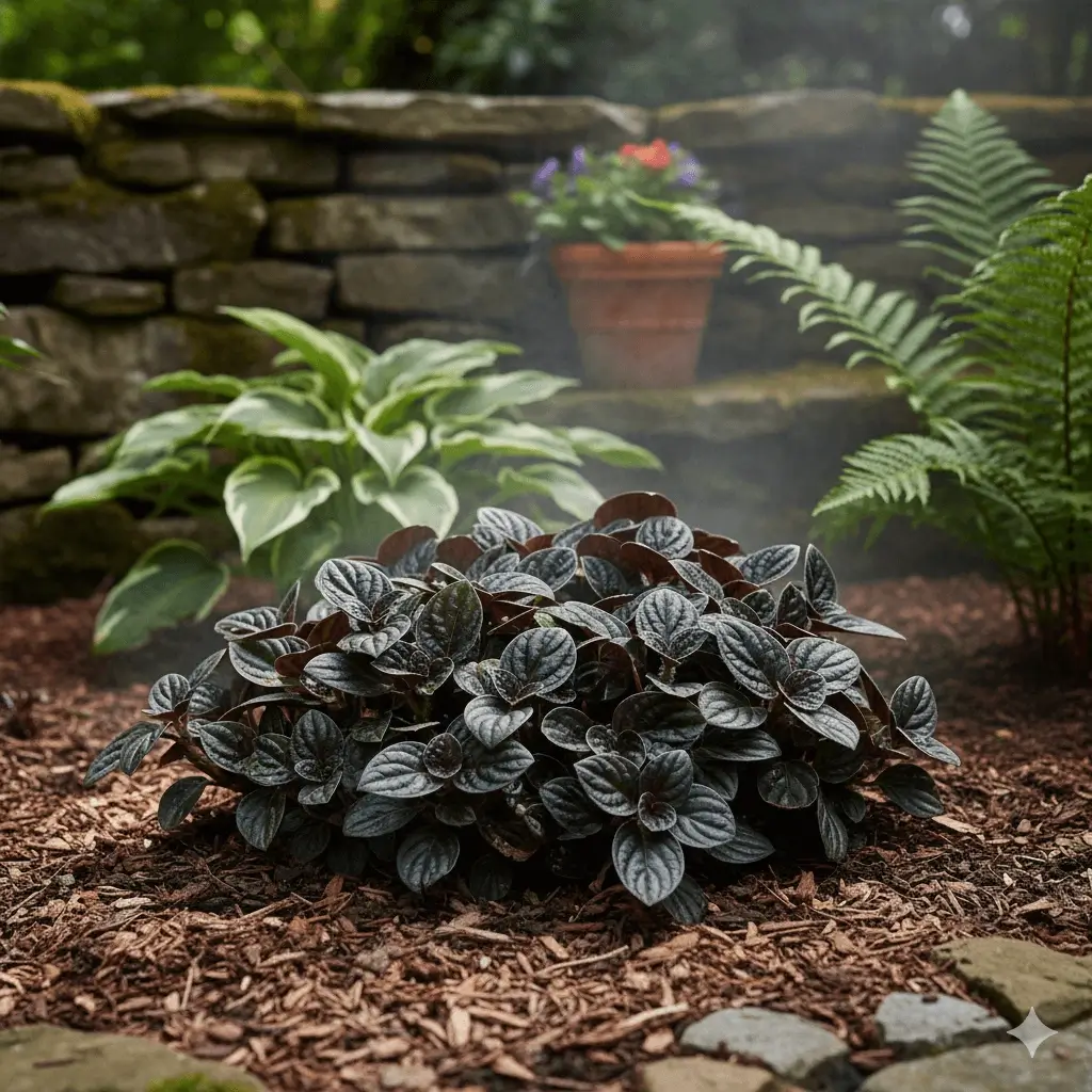 A lush Geogenanthus Ciliatus plant thriving in a shaded outdoor garden bed, showing robust growth.