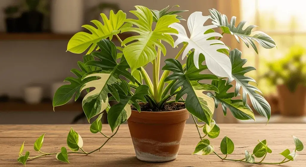 A close-up of a stunning Philodendron Florida Beauty plant, showcasing its unique and highly sought-after variegation, which contributes to its market value.