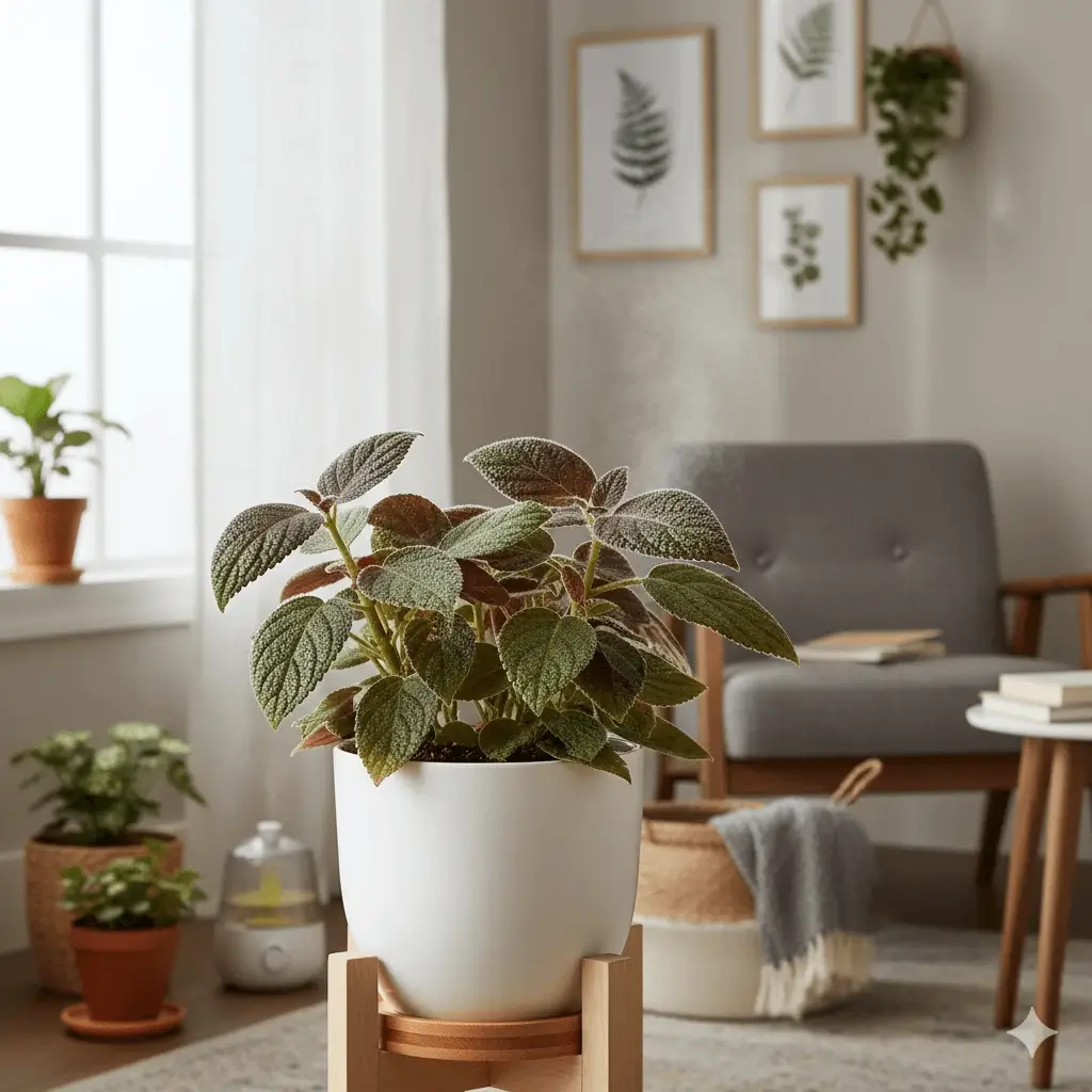 A vibrant Geogenanthus Ciliatus plant flourishing in a modern indoor setting, showcasing healthy growth.