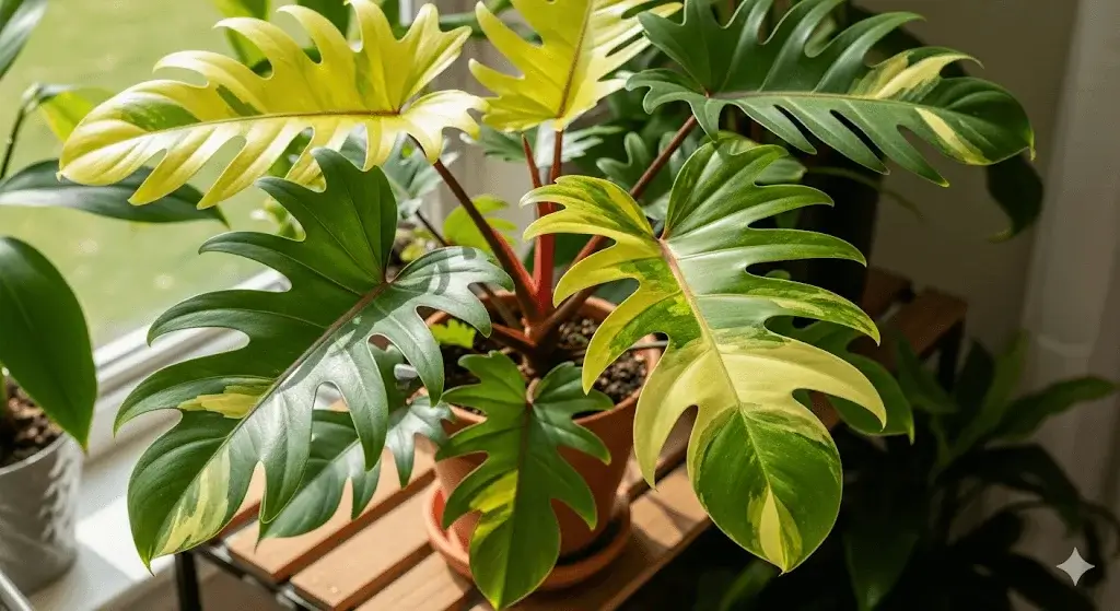 A close-up of a variegated Philodendron Florida Beauty plant, showing its uniquely lobed leaves with splashes of creamy white and green.