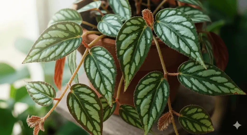 A close-up of a Pellionia repens, or Trailing Watermelon Begonia, showcasing its unique and intricate leaf variegation patterns of silvery-white veins on a dark green background.