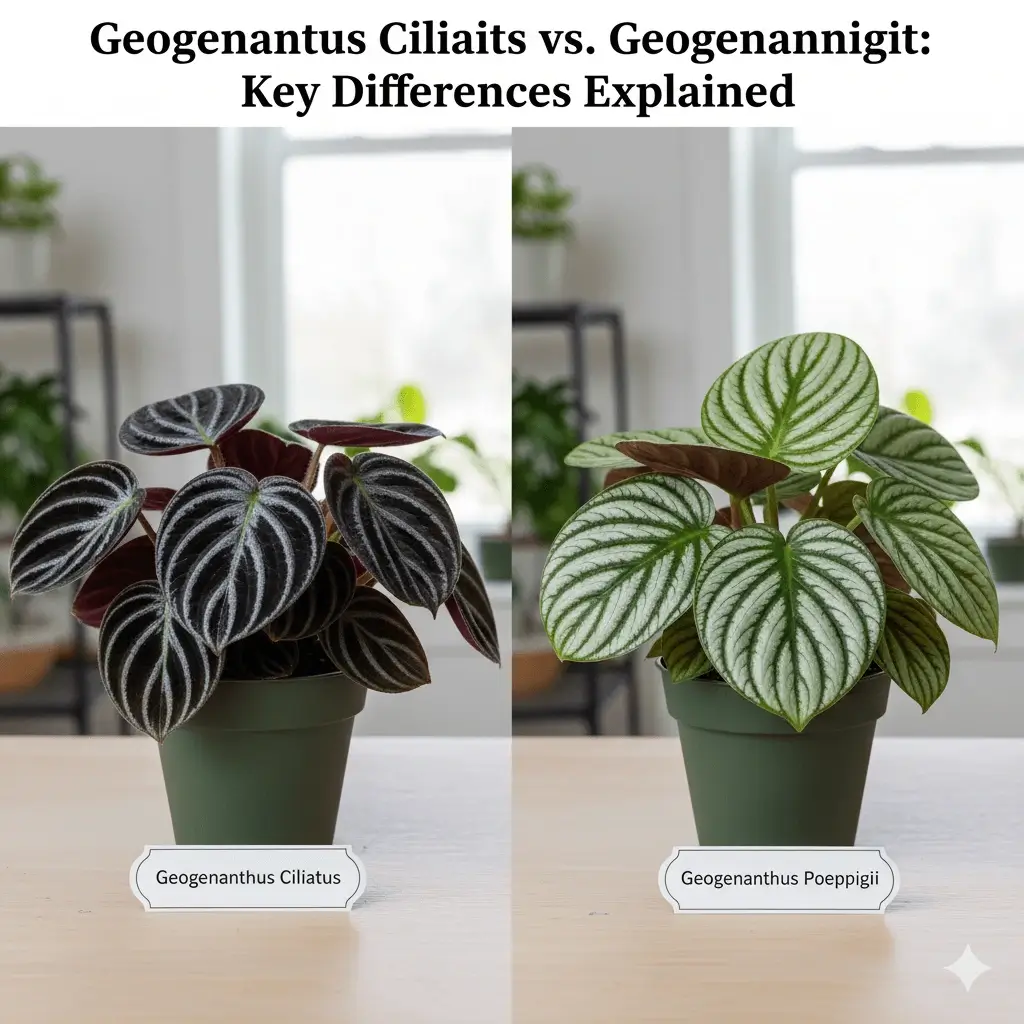 Side-by-side comparison of Geogenanthus Ciliatus and Geogenanthus Poeppigii plants, highlighting distinct leaf patterns and colors.